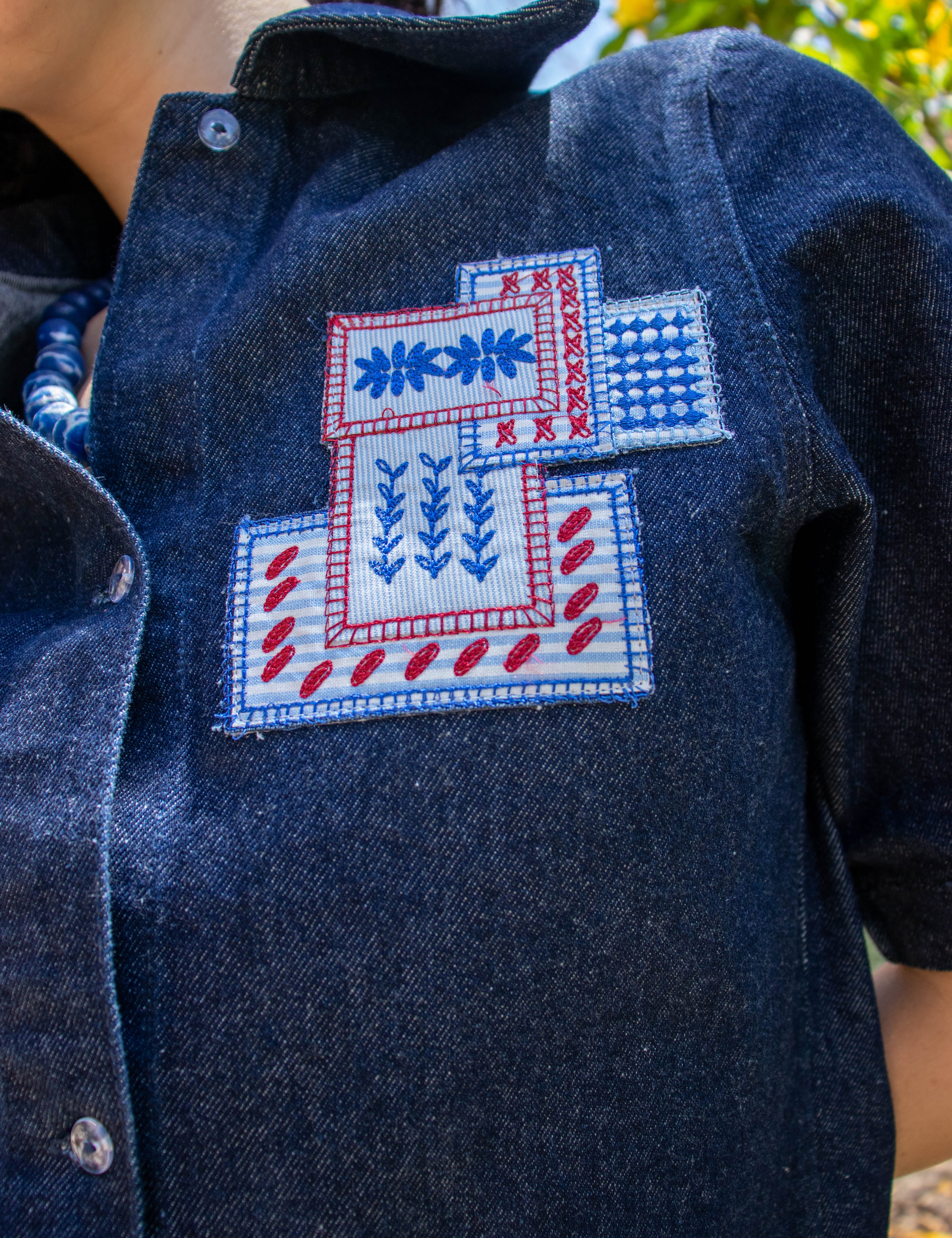Patchwork Short Sleeve Denim Shirt